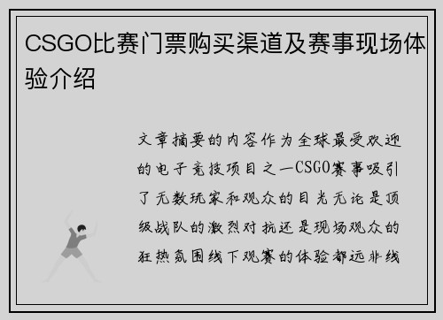 CSGO比赛门票购买渠道及赛事现场体验介绍